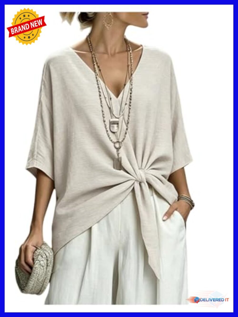 Boho Twist Knot Blouse V Neck Loose Fit Half Sleeve